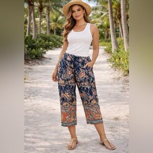 ANTHROPOLOGIE Mermaid bird & floral print linen pull on crop pants size XS boho
